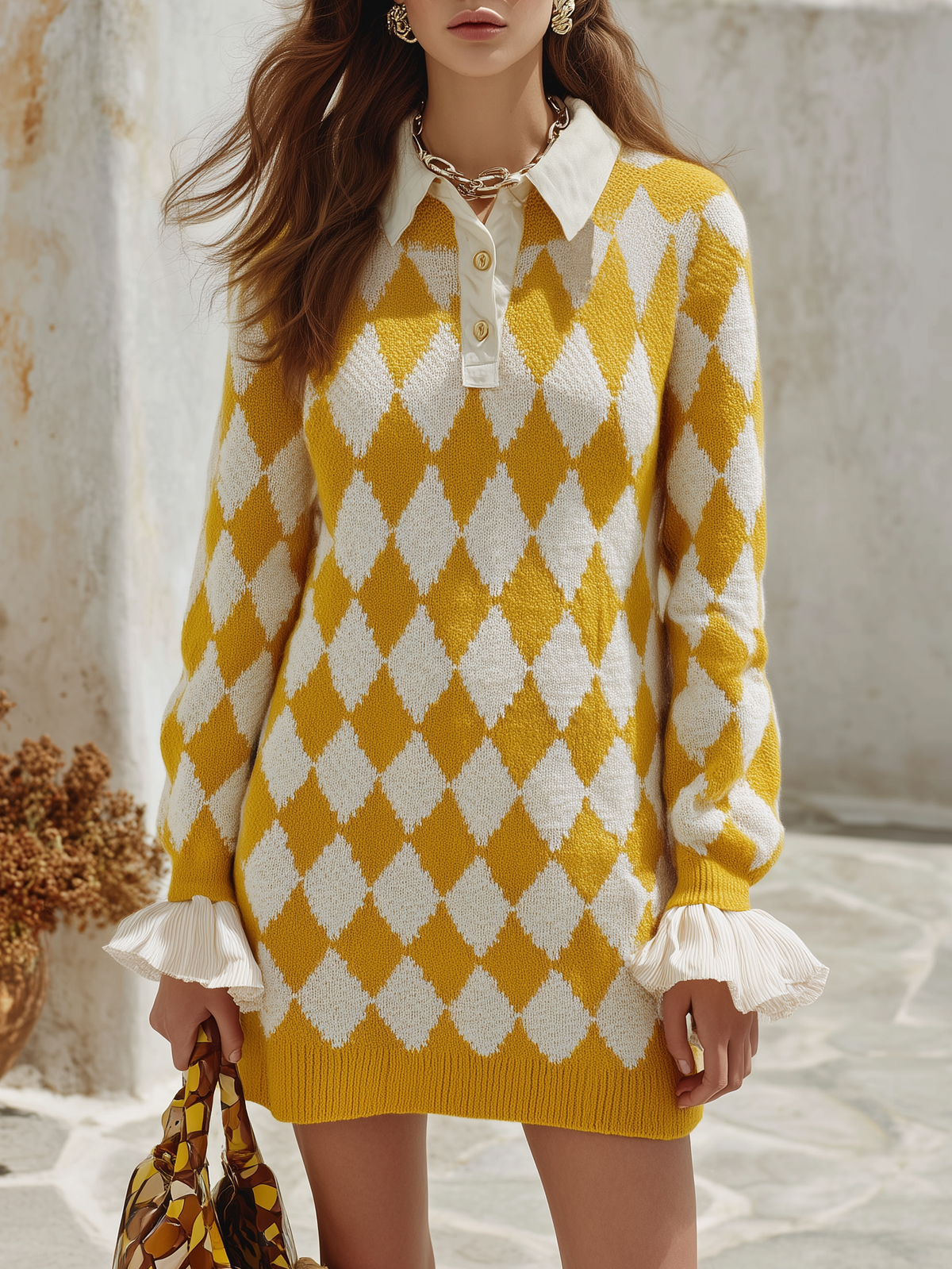 Pull à Motif Losanges et Col Chemise
