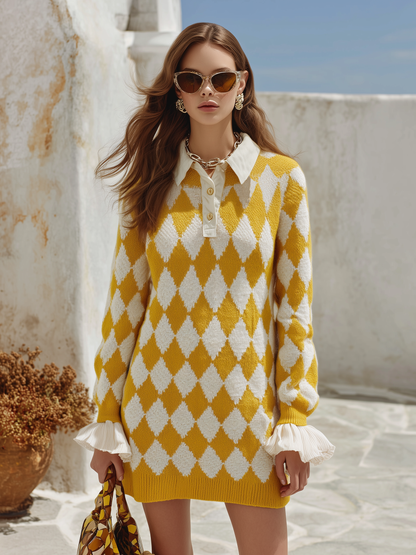 Pull à Motif Losanges et Col Chemise
