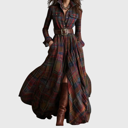 Robe Longue à Carreaux Ceinturée