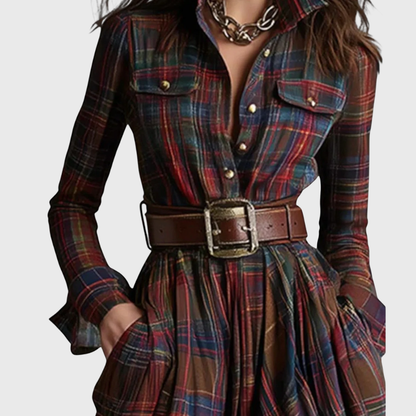 Robe Longue à Carreaux Ceinturée