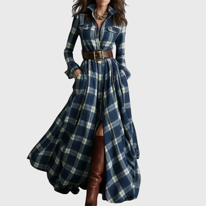 Robe Longue à Carreaux Ceinturée
