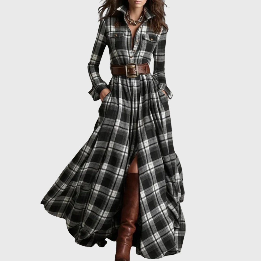Robe Longue à Carreaux Ceinturée