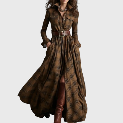 Robe Longue à Carreaux Ceinturée