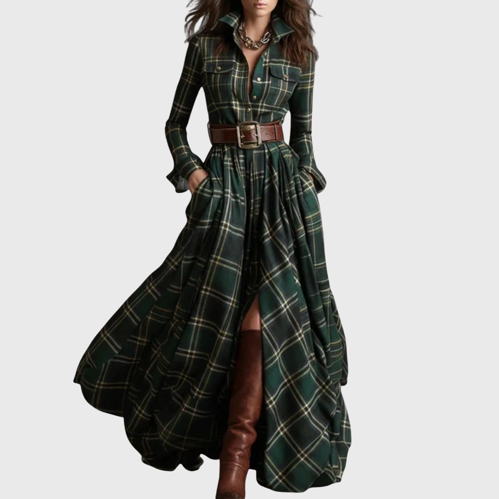 Robe Longue à Carreaux Ceinturée