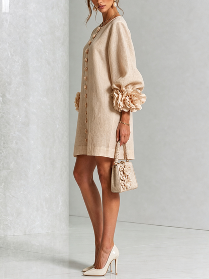 Robe-Chemise en Lin Mélangé à Manches Ornées de Rosettes