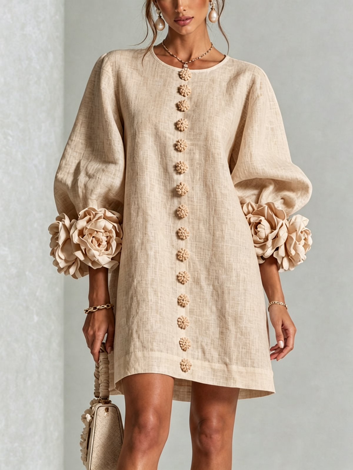 Robe-Chemise en Lin Mélangé à Manches Ornées de Rosettes