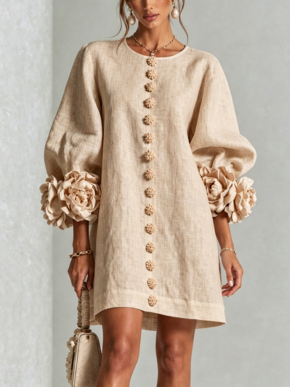Robe-Chemise en Lin Mélangé à Manches Ornées de Rosettes