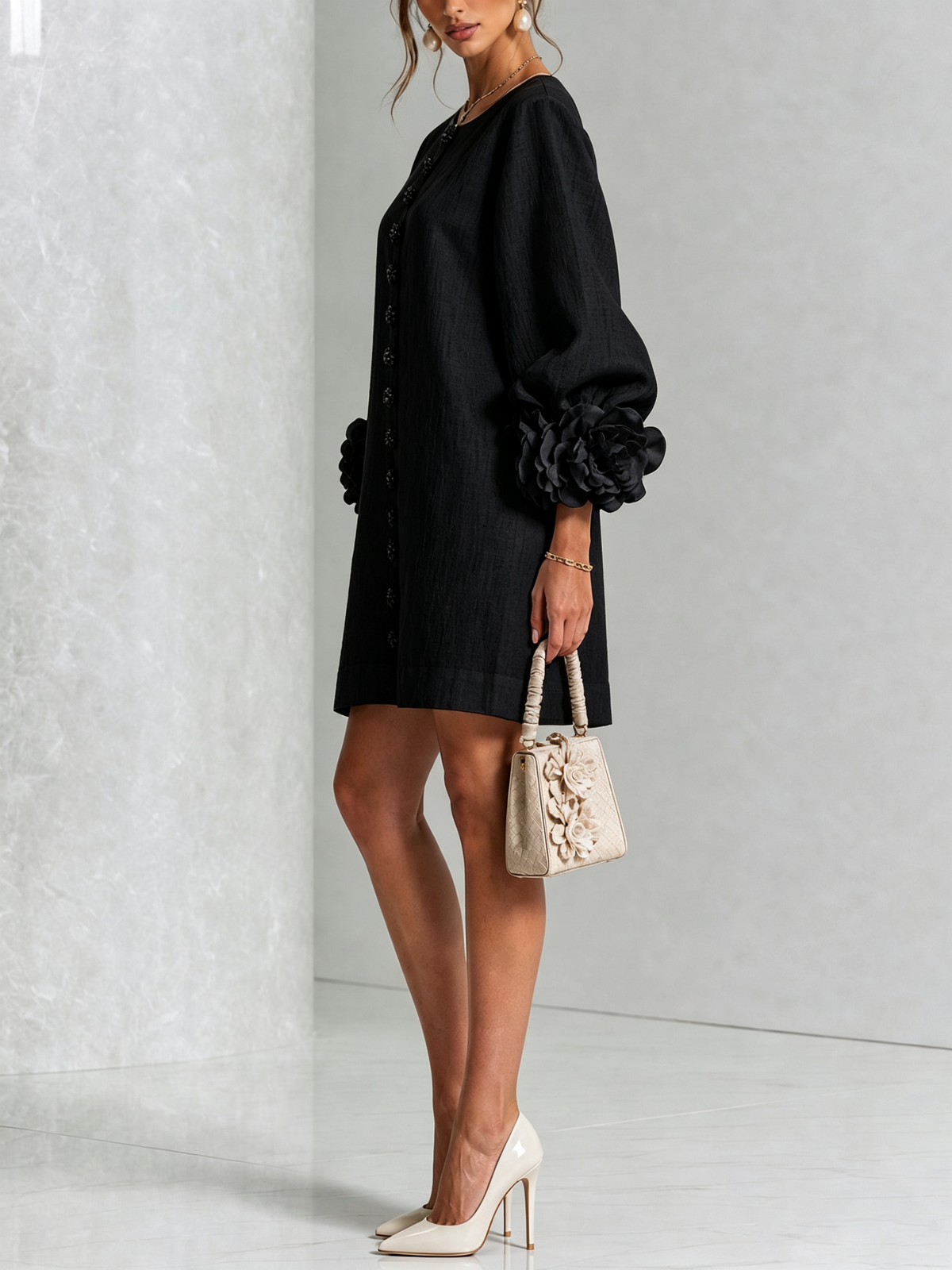 Robe-Chemise en Lin Mélangé à Manches Ornées de Rosettes