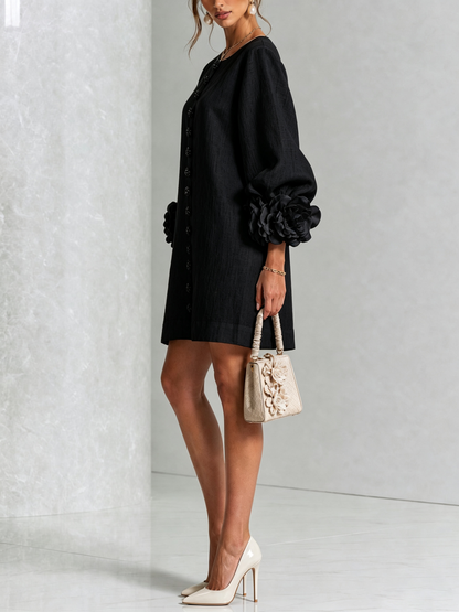 Robe-Chemise en Lin Mélangé à Manches Ornées de Rosettes