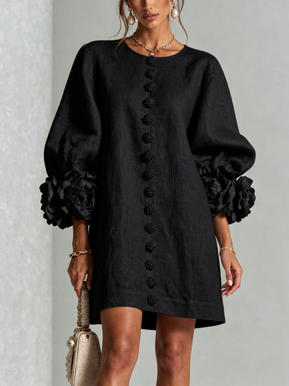 Robe-Chemise en Lin Mélangé à Manches Ornées de Rosettes
