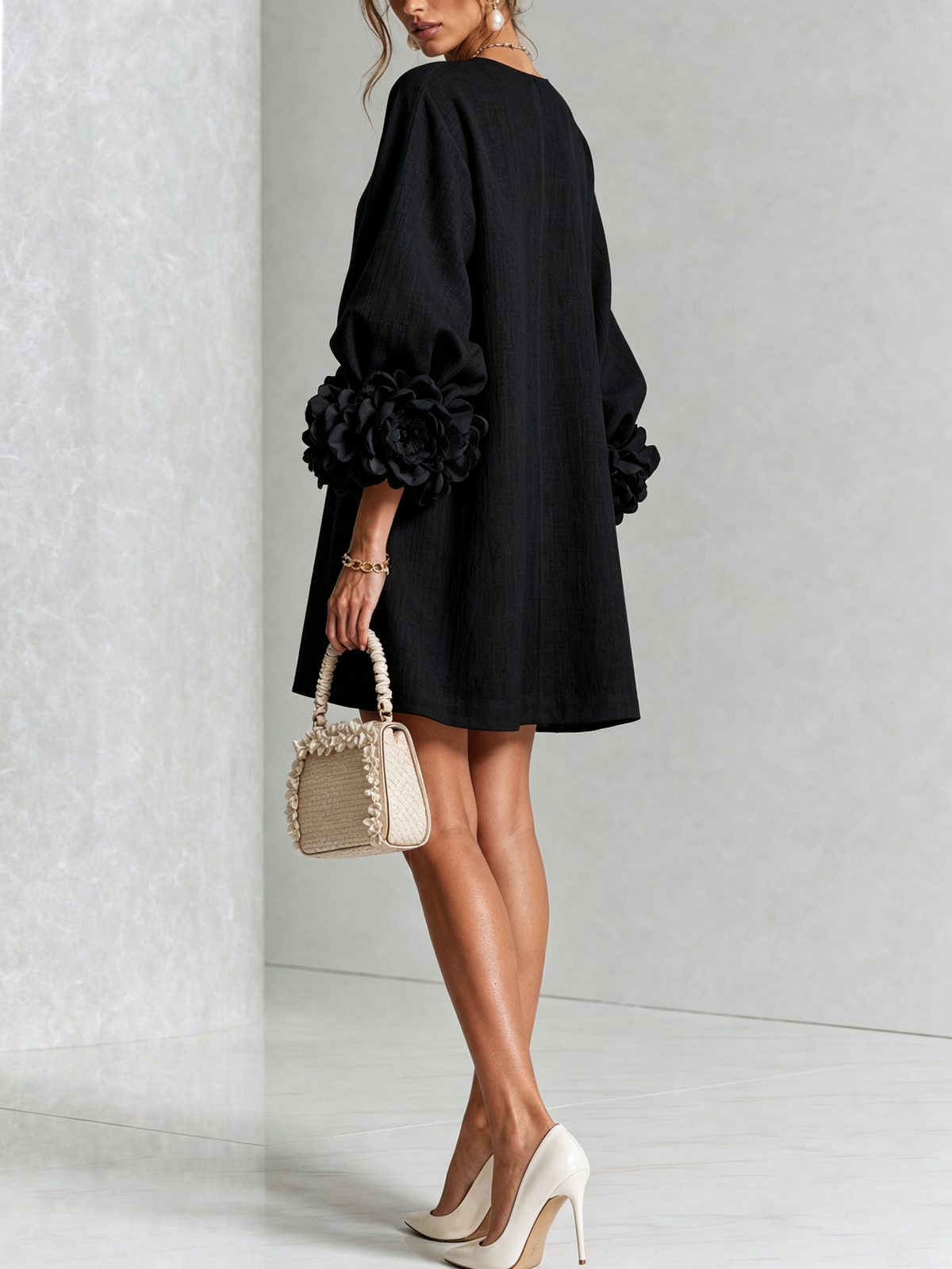 Robe-Chemise en Lin Mélangé à Manches Ornées de Rosettes