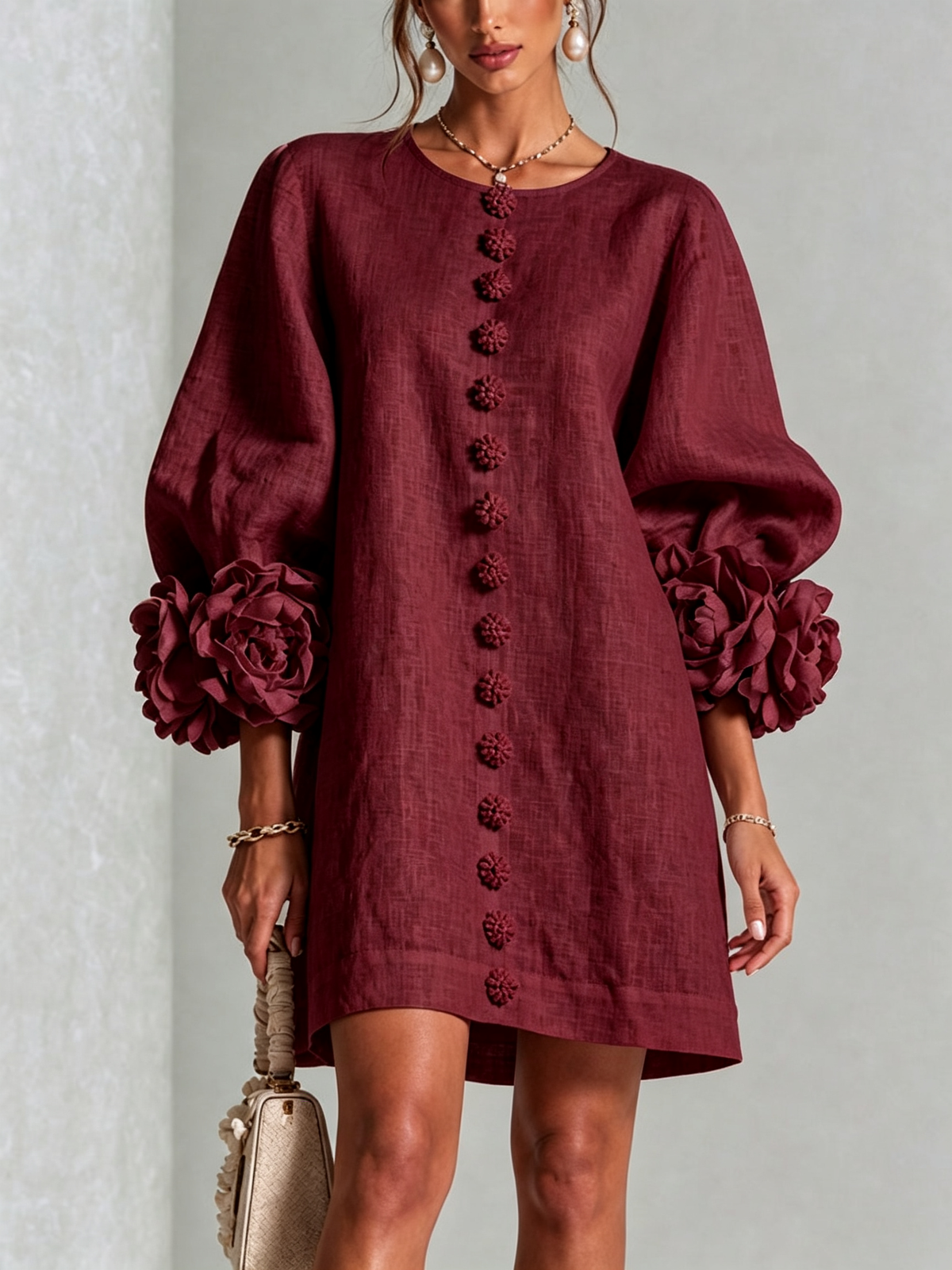 Robe-Chemise en Lin Mélangé à Manches Ornées de Rosettes
