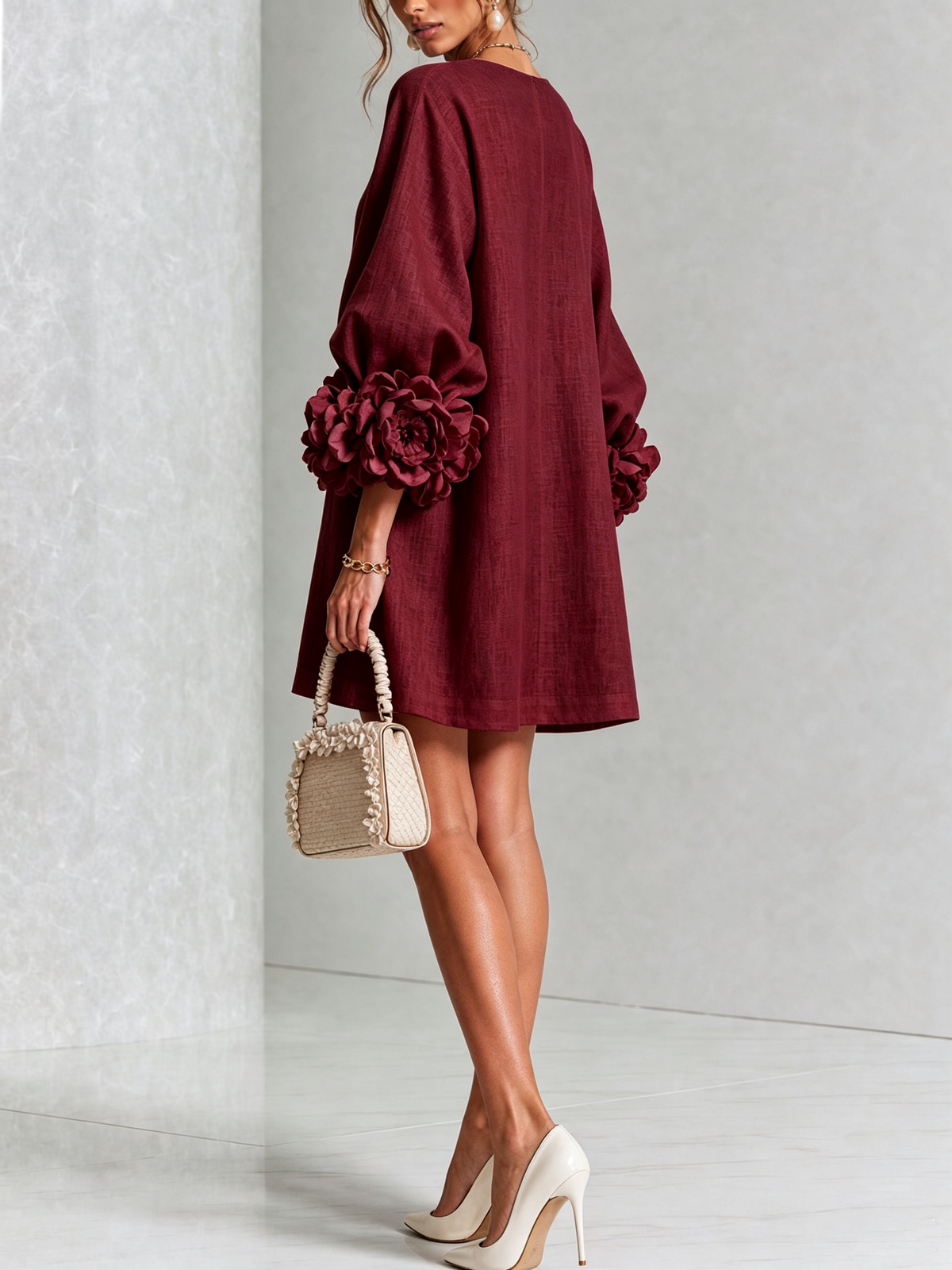 Robe-Chemise en Lin Mélangé à Manches Ornées de Rosettes