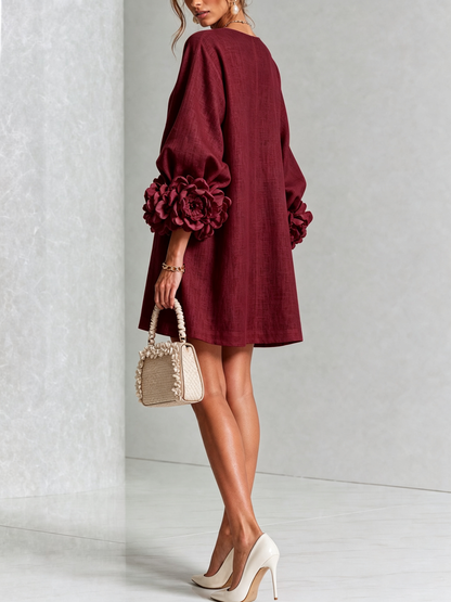 Robe-Chemise en Lin Mélangé à Manches Ornées de Rosettes