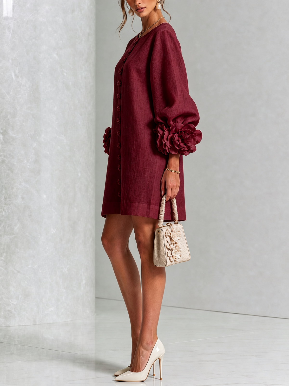 Robe-Chemise en Lin Mélangé à Manches Ornées de Rosettes