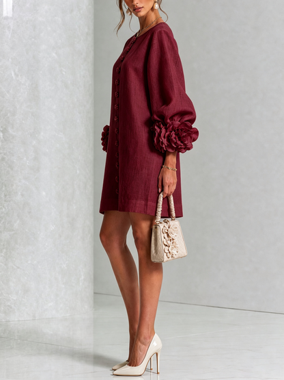 Robe-Chemise en Lin Mélangé à Manches Ornées de Rosettes