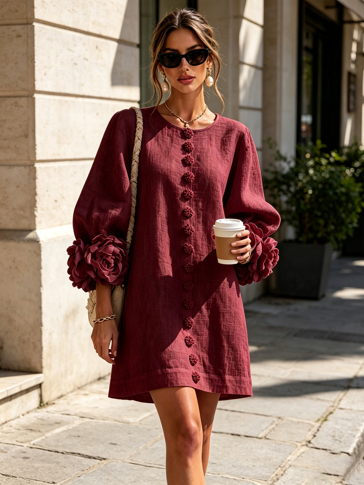 Robe-Chemise en Lin Mélangé à Manches Ornées de Rosettes