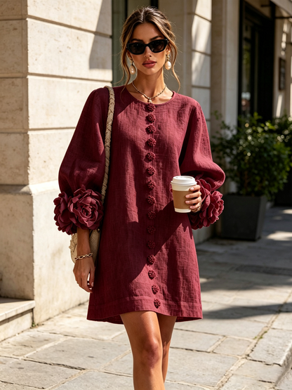 Robe-Chemise en Lin Mélangé à Manches Ornées de Rosettes