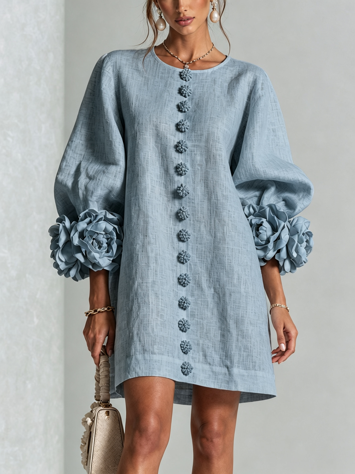 Robe-Chemise en Lin Mélangé à Manches Ornées de Rosettes
