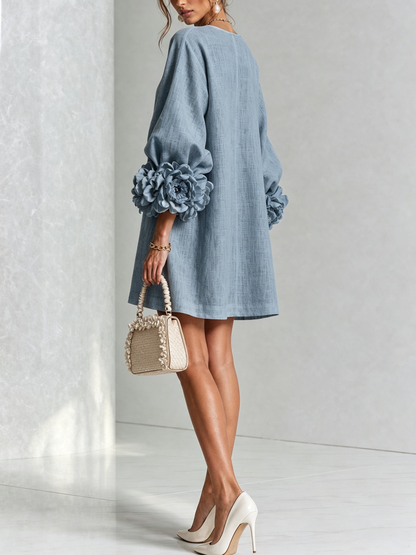 Robe-Chemise en Lin Mélangé à Manches Ornées de Rosettes
