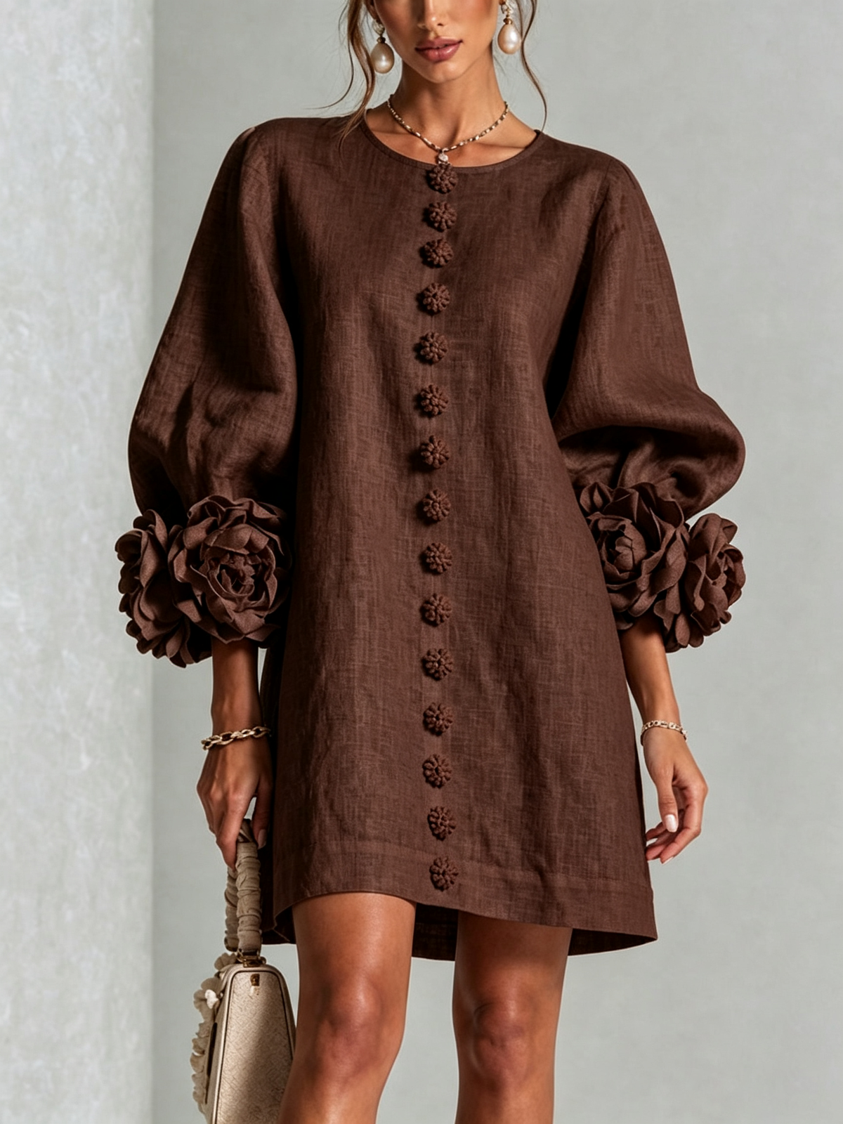 Robe-Chemise en Lin Mélangé à Manches Ornées de Rosettes