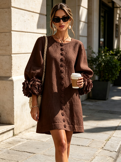 Robe-Chemise en Lin Mélangé à Manches Ornées de Rosettes