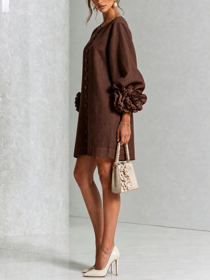 Robe-Chemise en Lin Mélangé à Manches Ornées de Rosettes