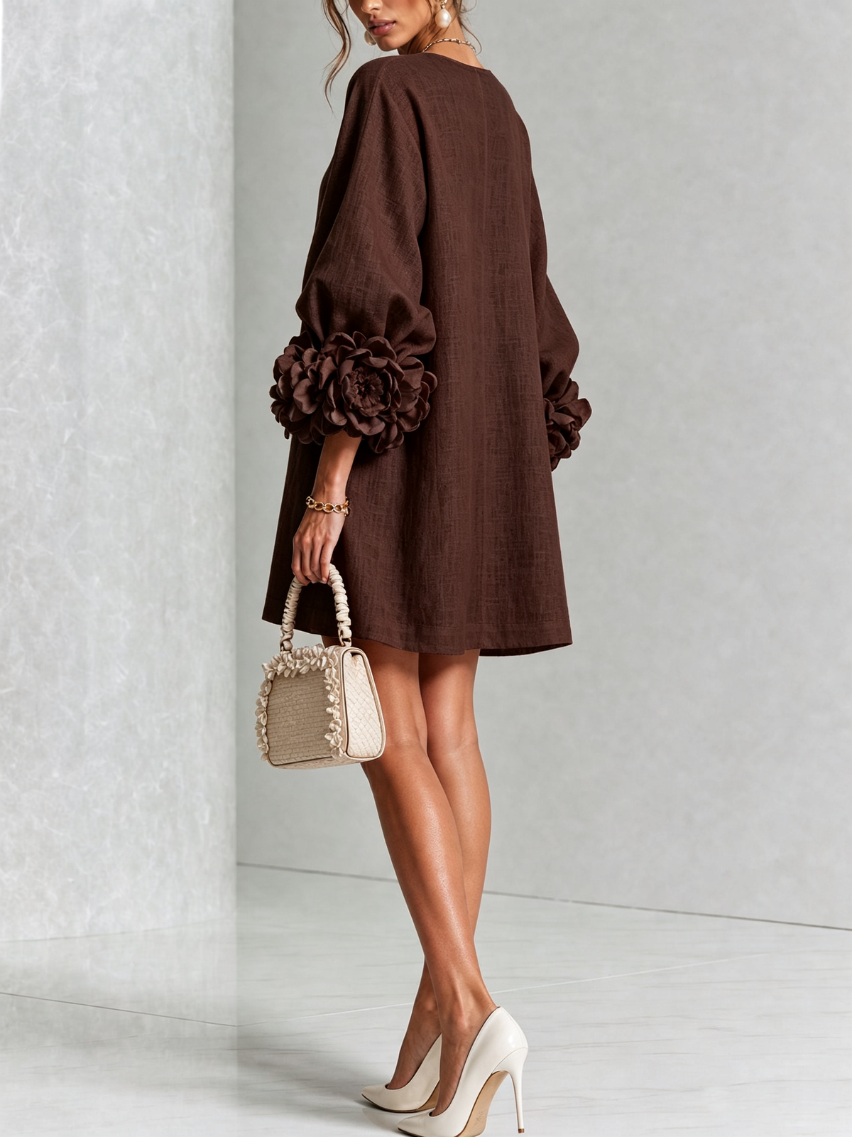 Robe-Chemise en Lin Mélangé à Manches Ornées de Rosettes