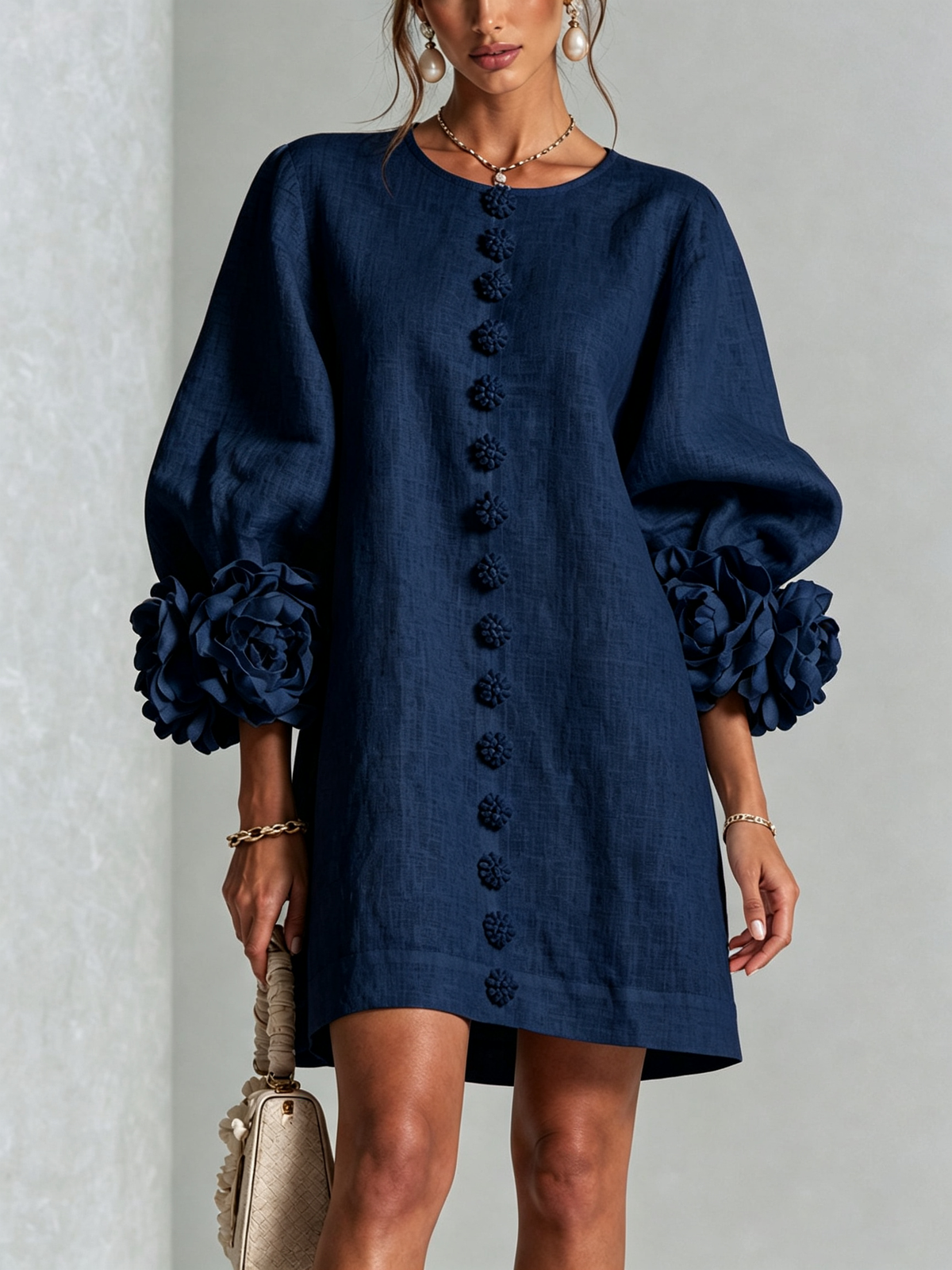 Robe-Chemise en Lin Mélangé à Manches Ornées de Rosettes