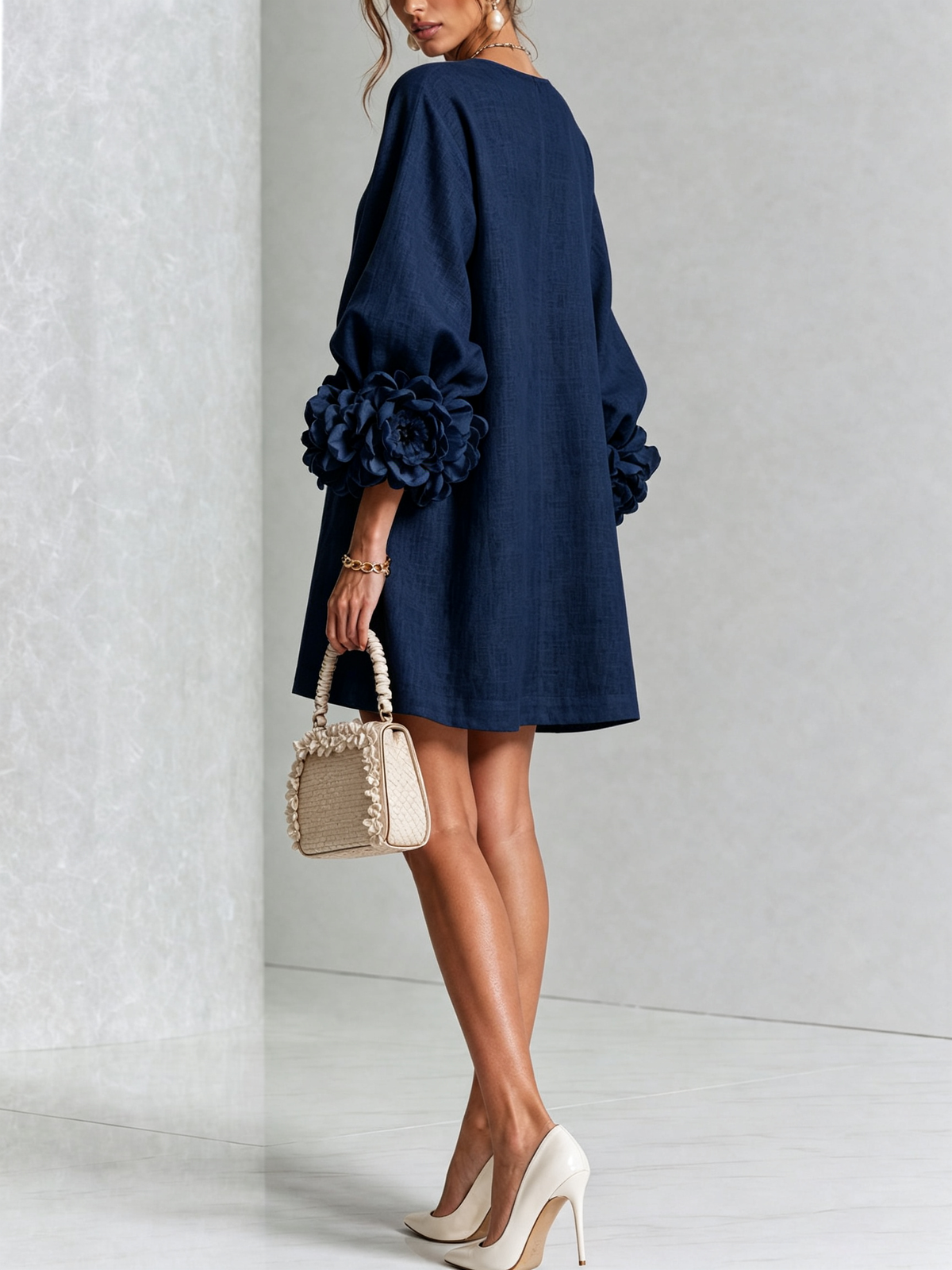 Robe-Chemise en Lin Mélangé à Manches Ornées de Rosettes