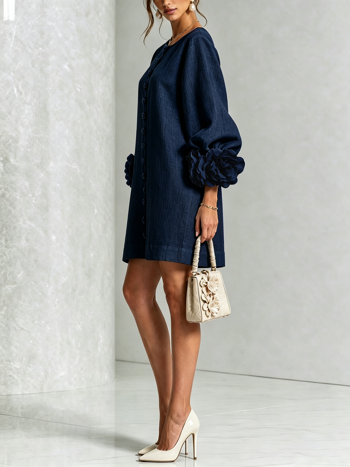 Robe-Chemise en Lin Mélangé à Manches Ornées de Rosettes