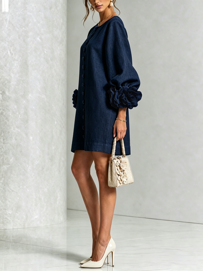 Robe-Chemise en Lin Mélangé à Manches Ornées de Rosettes