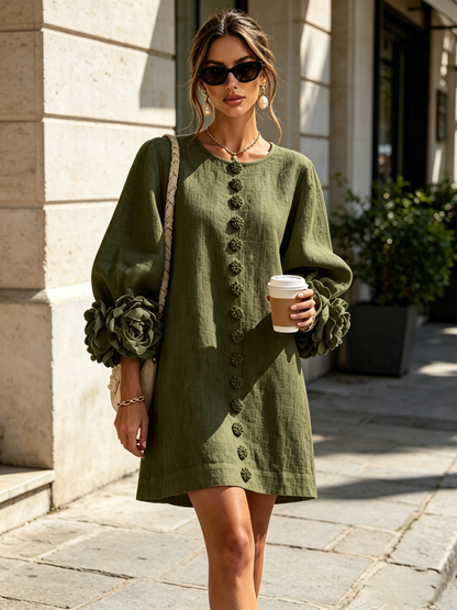 Robe-Chemise en Lin Mélangé à Manches Ornées de Rosettes