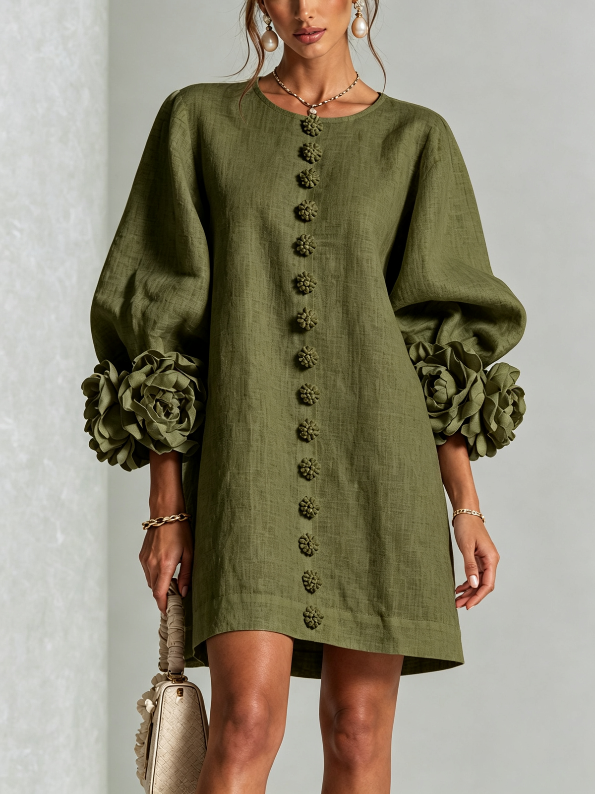 Robe-Chemise en Lin Mélangé à Manches Ornées de Rosettes