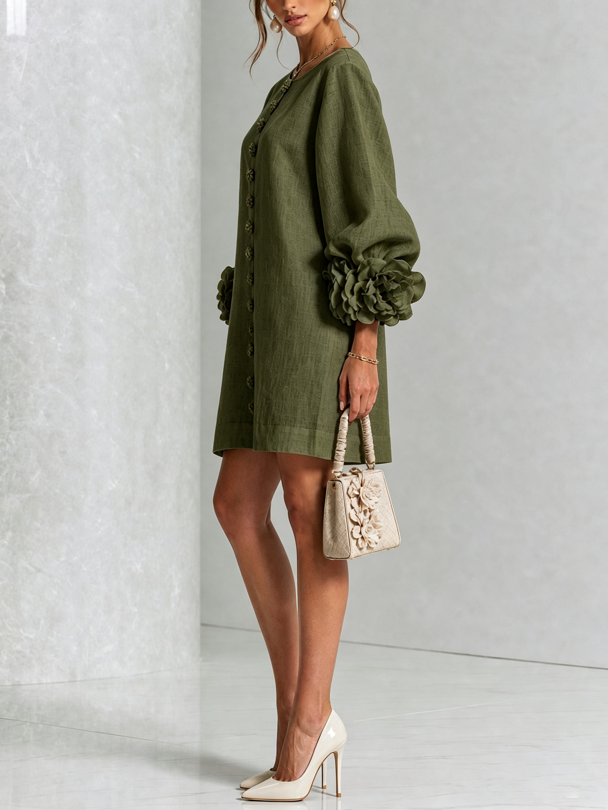 Robe-Chemise en Lin Mélangé à Manches Ornées de Rosettes