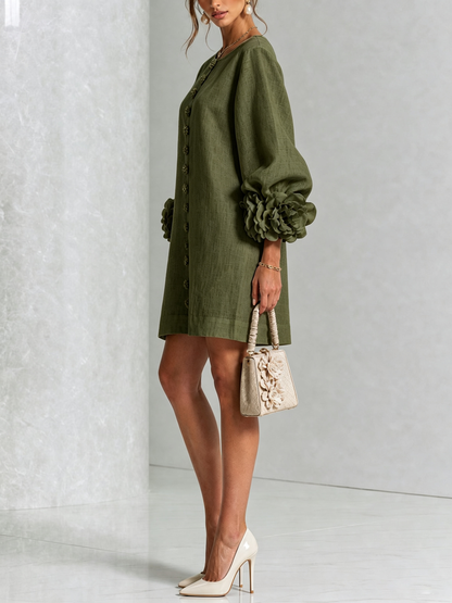 Robe-Chemise en Lin Mélangé à Manches Ornées de Rosettes