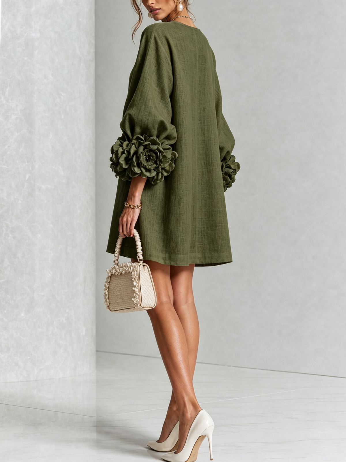 Robe-Chemise en Lin Mélangé à Manches Ornées de Rosettes