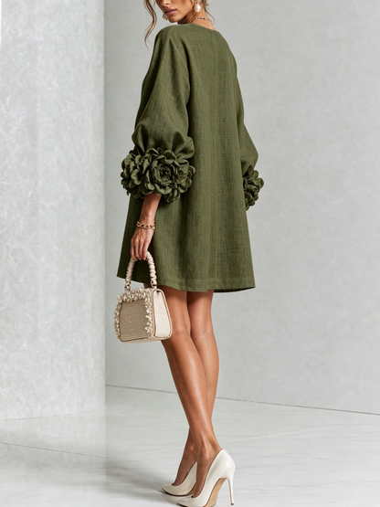 Robe-Chemise en Lin Mélangé à Manches Ornées de Rosettes