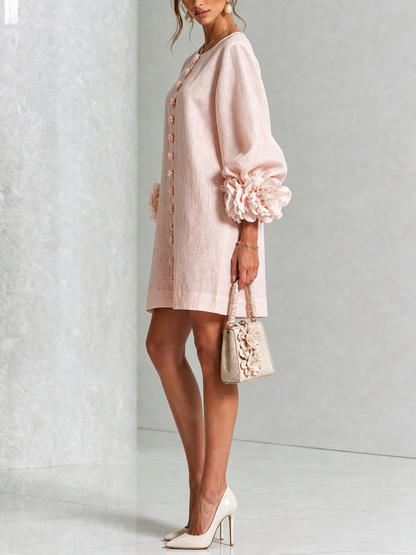 Robe-Chemise en Lin Mélangé à Manches Ornées de Rosettes