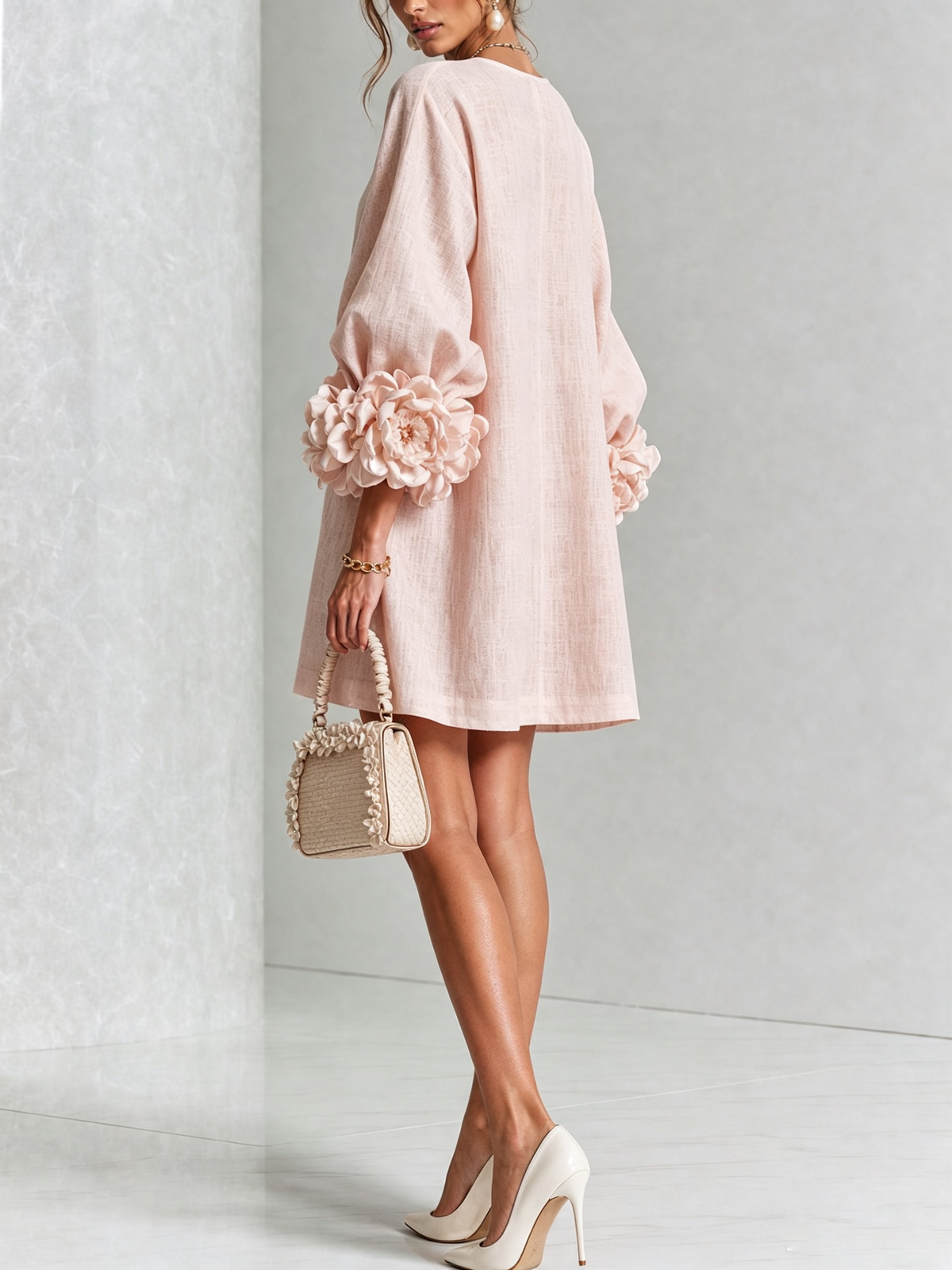 Robe-Chemise en Lin Mélangé à Manches Ornées de Rosettes