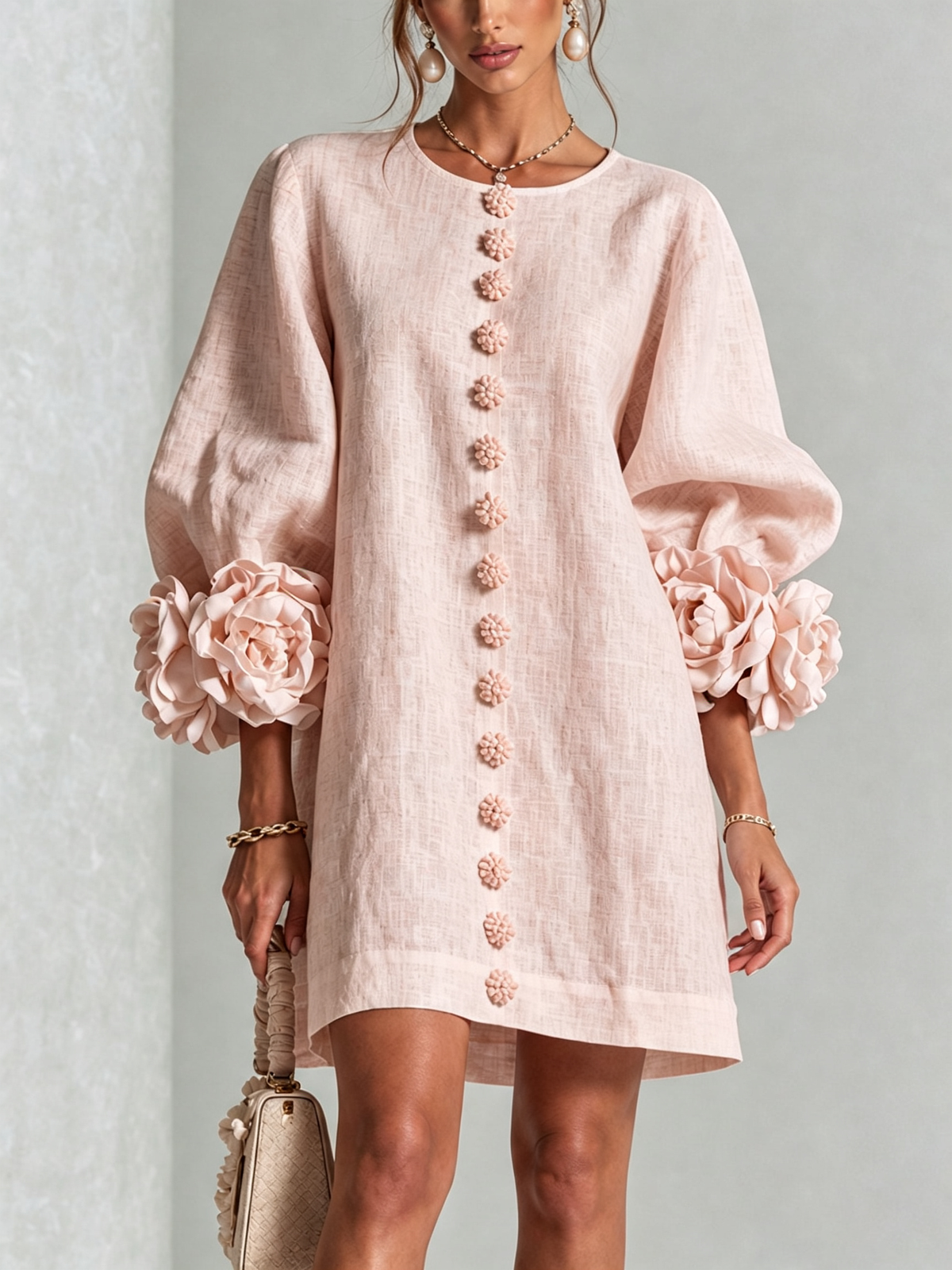 Robe-Chemise en Lin Mélangé à Manches Ornées de Rosettes