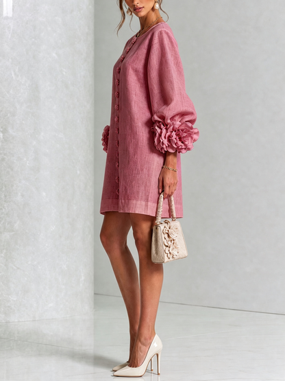 Robe-Chemise en Lin Mélangé à Manches Ornées de Rosettes