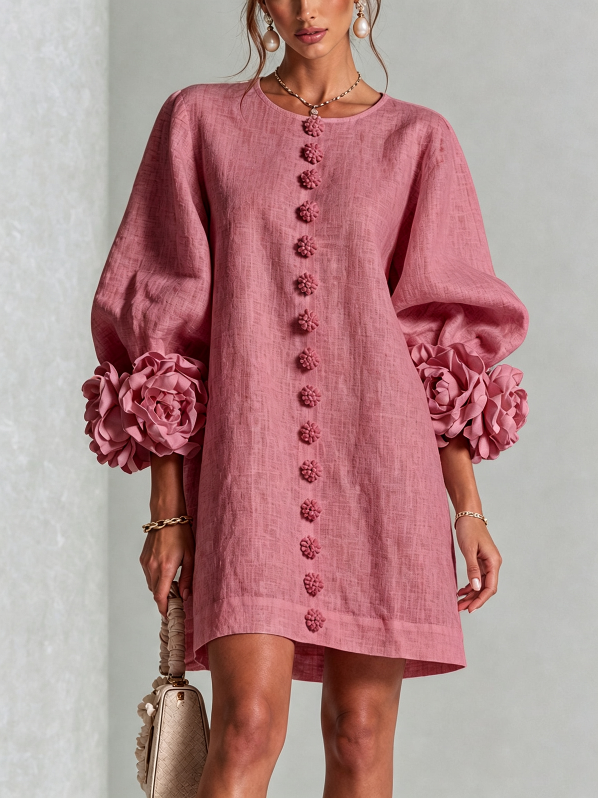 Robe-Chemise en Lin Mélangé à Manches Ornées de Rosettes