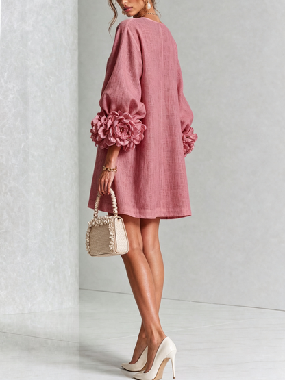 Robe-Chemise en Lin Mélangé à Manches Ornées de Rosettes