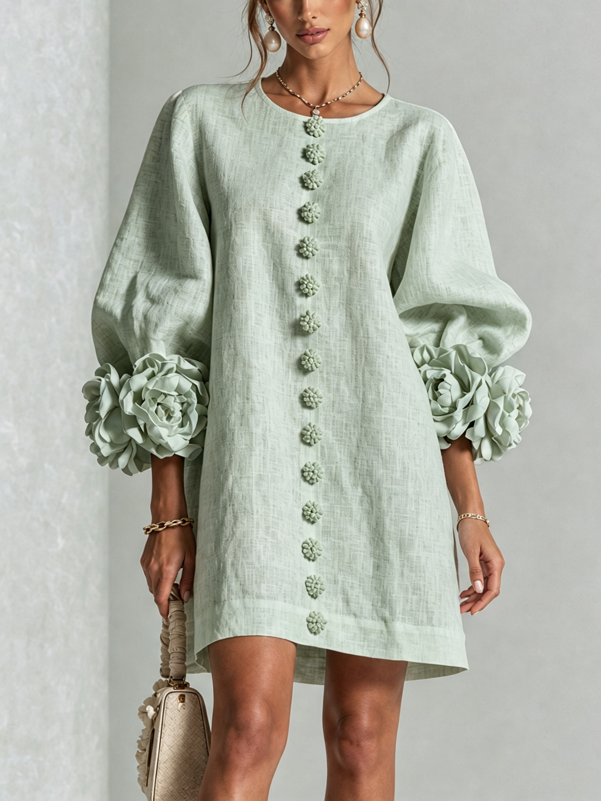 Robe-Chemise en Lin Mélangé à Manches Ornées de Rosettes