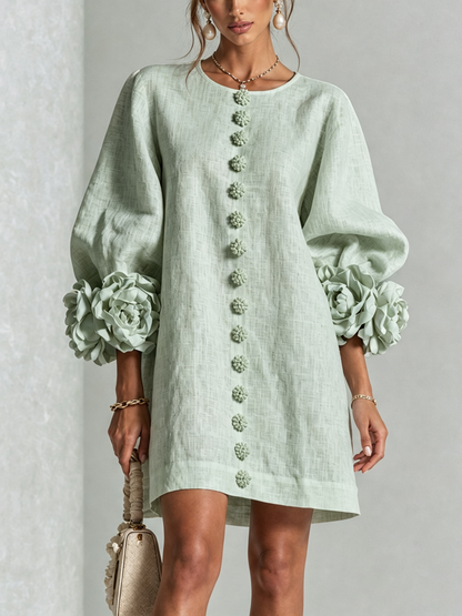 Robe-Chemise en Lin Mélangé à Manches Ornées de Rosettes