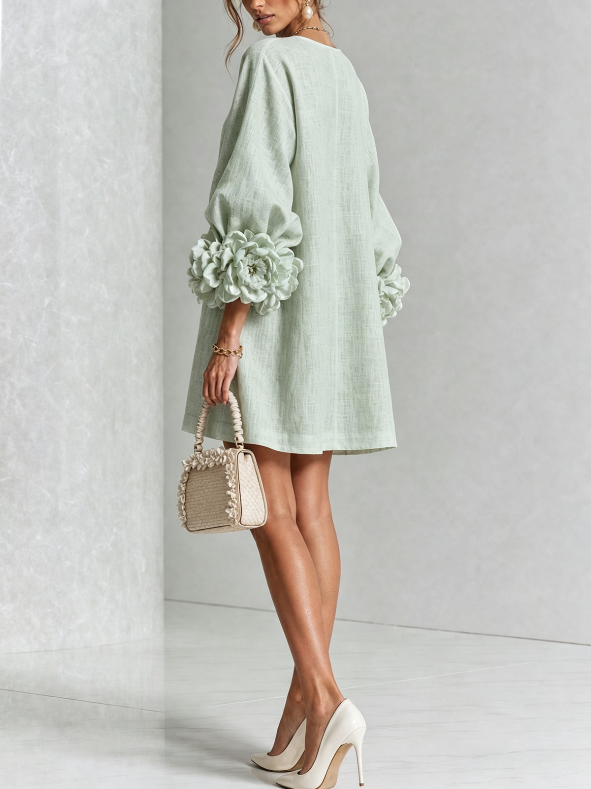 Robe-Chemise en Lin Mélangé à Manches Ornées de Rosettes