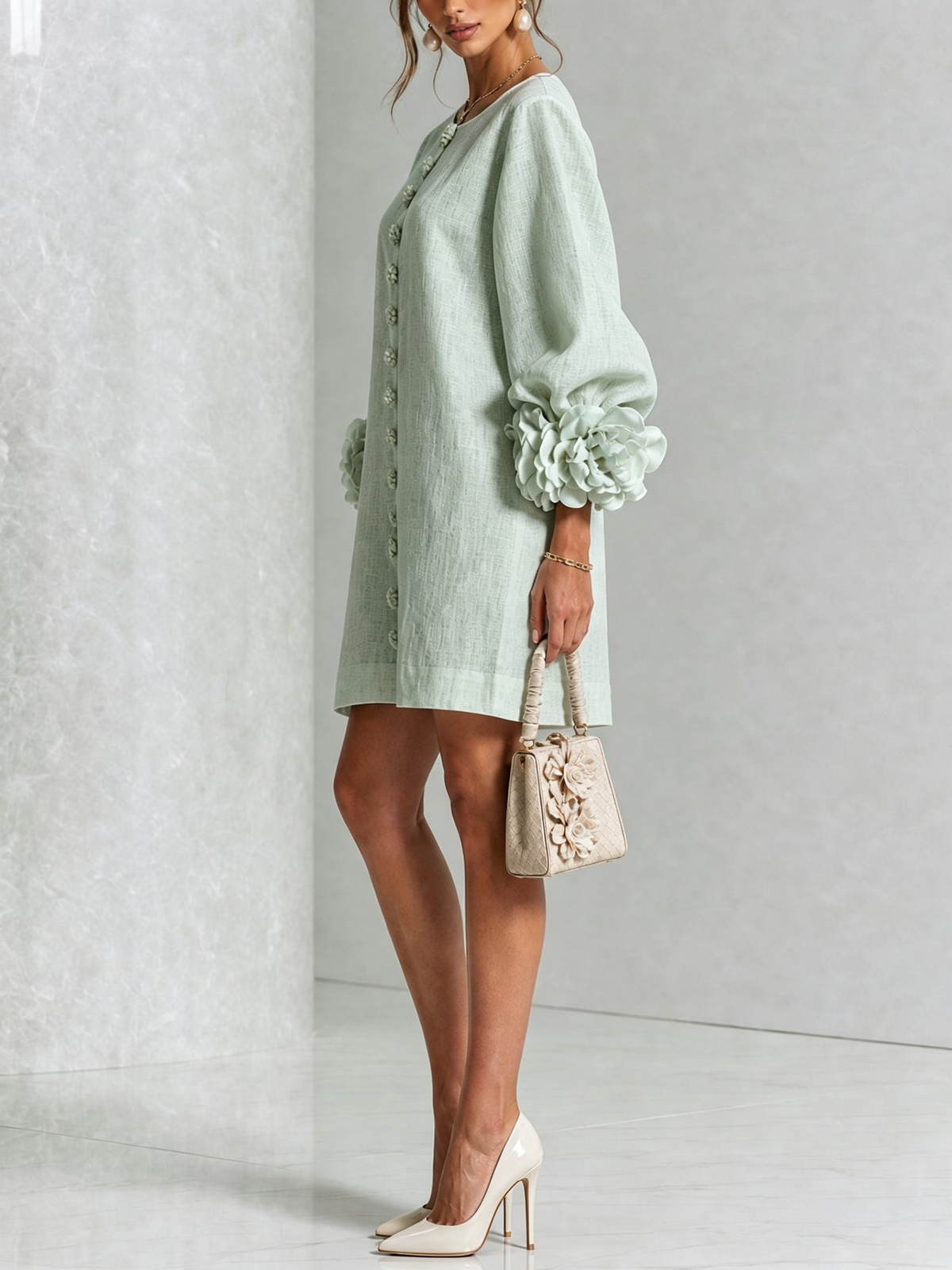 Robe-Chemise en Lin Mélangé à Manches Ornées de Rosettes
