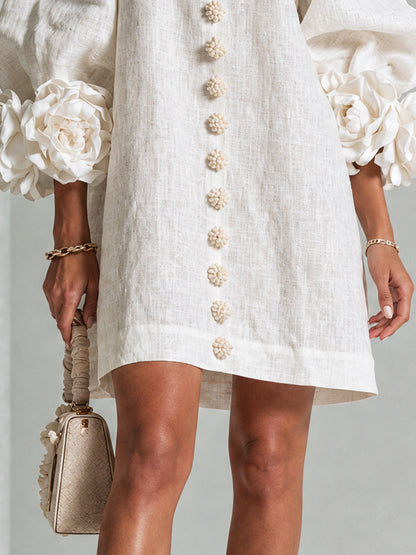 Robe-Chemise en Lin Mélangé à Manches Ornées de Rosettes