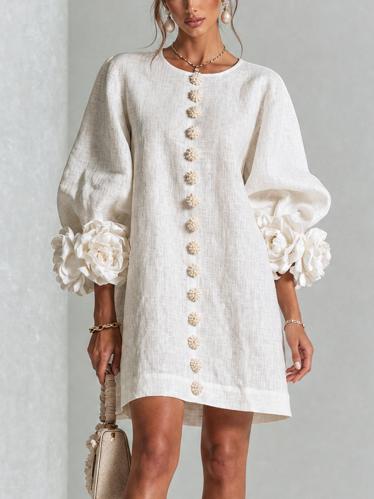 Robe-Chemise en Lin Mélangé à Manches Ornées de Rosettes